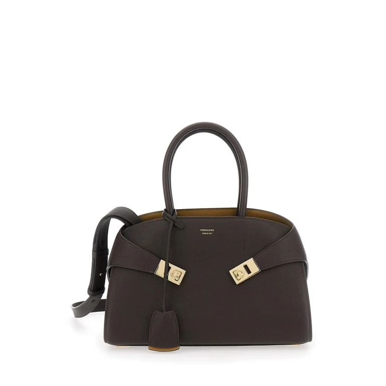 Ferragamo hug Small Brown Shoulder Bag With Logo Lettering And Gancini Buckles On The Front In Leather Woman