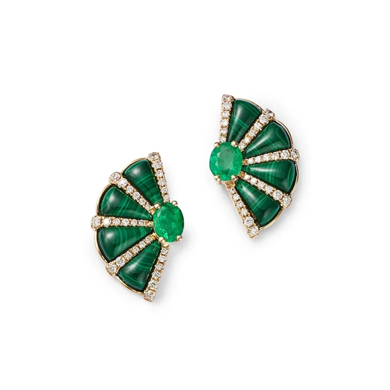 Malachite, Emerald, & Diamond Fan Stud Earrings in 14K Yellow Gold