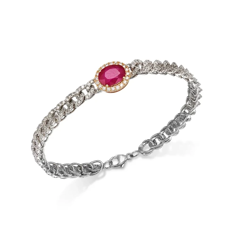 Ruby & Diamond Oval Halo Chain link Bracelet in 14K Yellow & White Gold