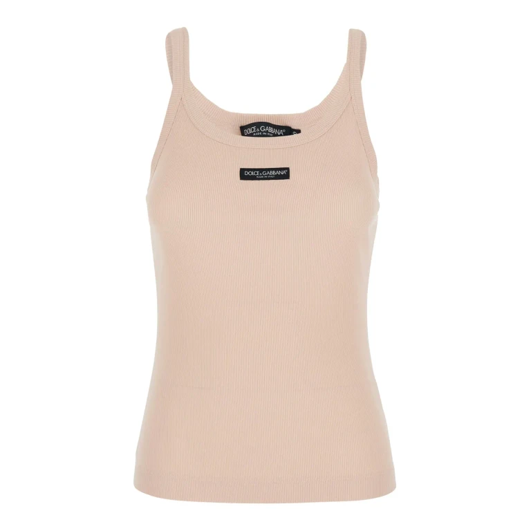 Dolce & Gabbana Pink Sleeveless Top With Round Neck And Logo Patch On The Front In Cotton For Women