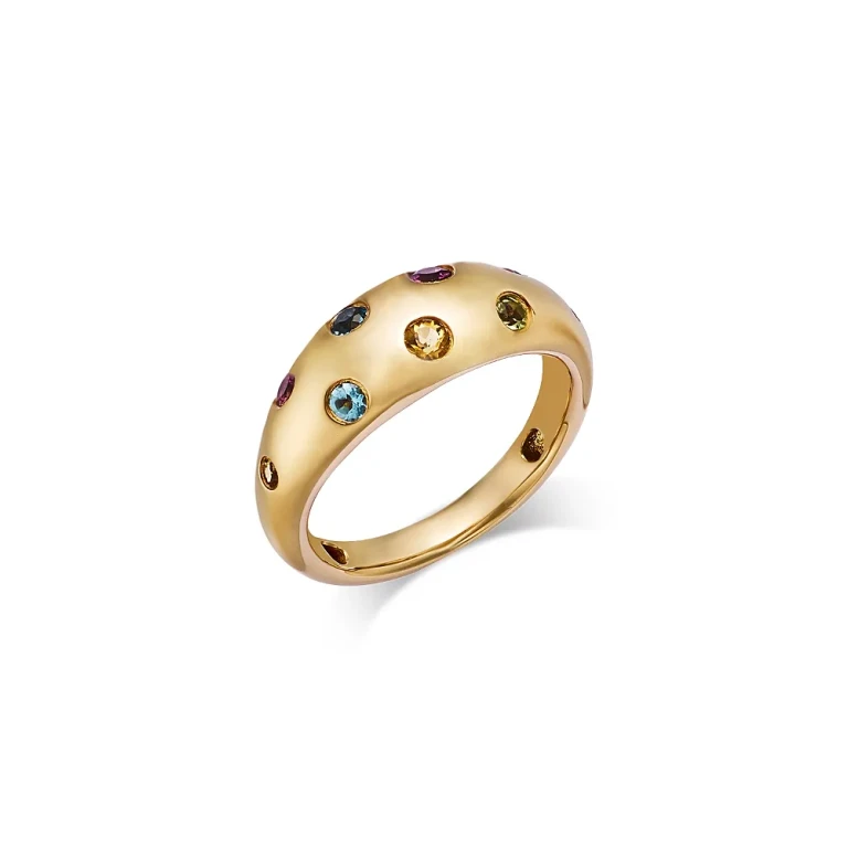 14K Gold Multi Gemstone Dome Band Ring