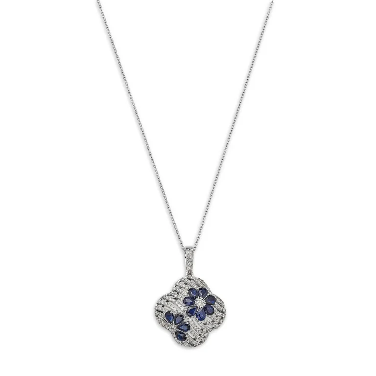 Sapphire & Diamond Clover Pendant Necklace in 14K White Gold, 16-18