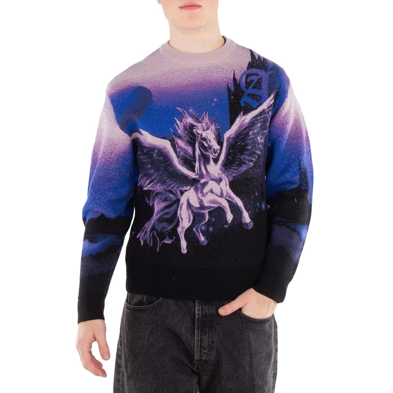 Aries Mens Purple Woolen Jumper Pegasus Print Sweater
