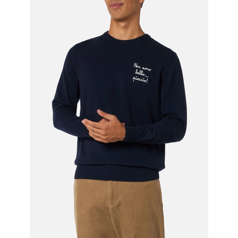 Mc2 Saint Barth Crewneck Sweater Heron Light With Non Sono Bello, Piaccio! Embroidery Vacanze Di Natale Special Edition Blue - Men