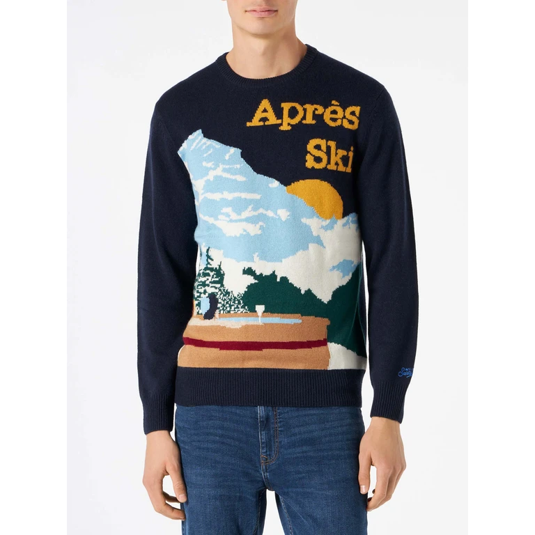 MC2 Saint Barth Crewneck Sweater Heron With Mountain Postcard Jacquard