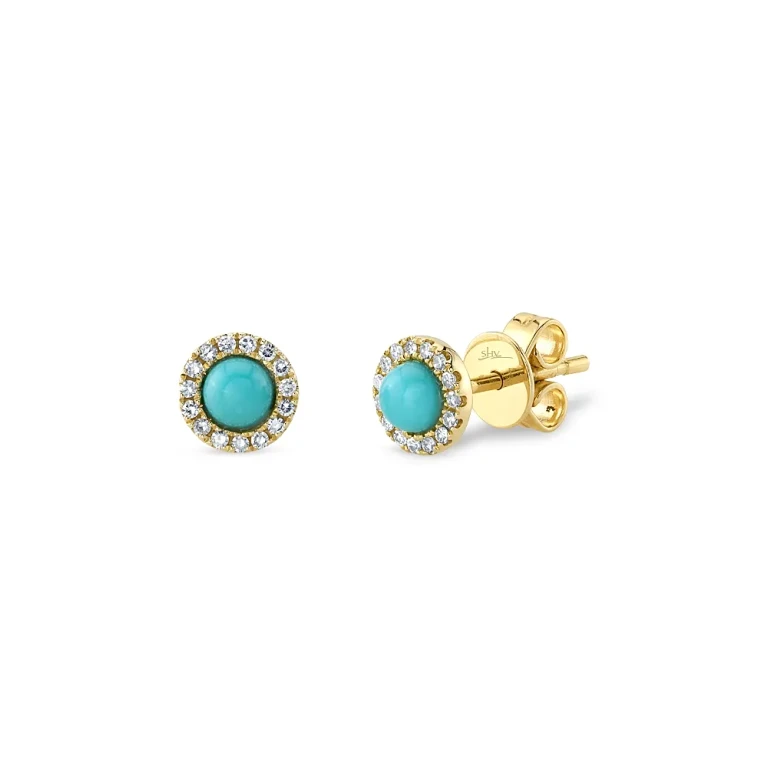 14K Yellow Gold Turquoise & Diamond Halo Stud Earrings - Exclusive