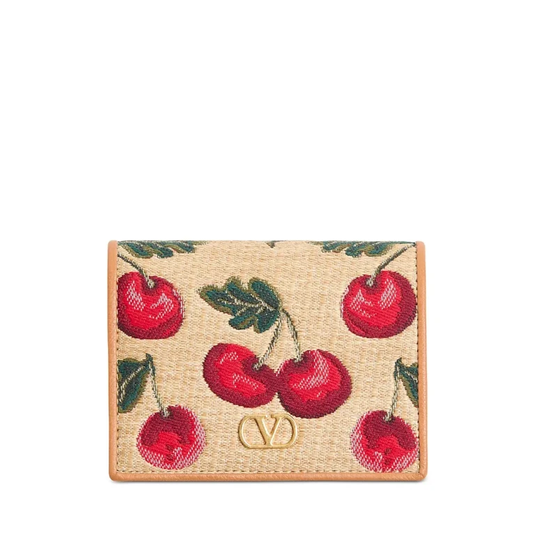 Valentino Garavani VLogo Signature Cherryfic Jacquard Raffia Wallet