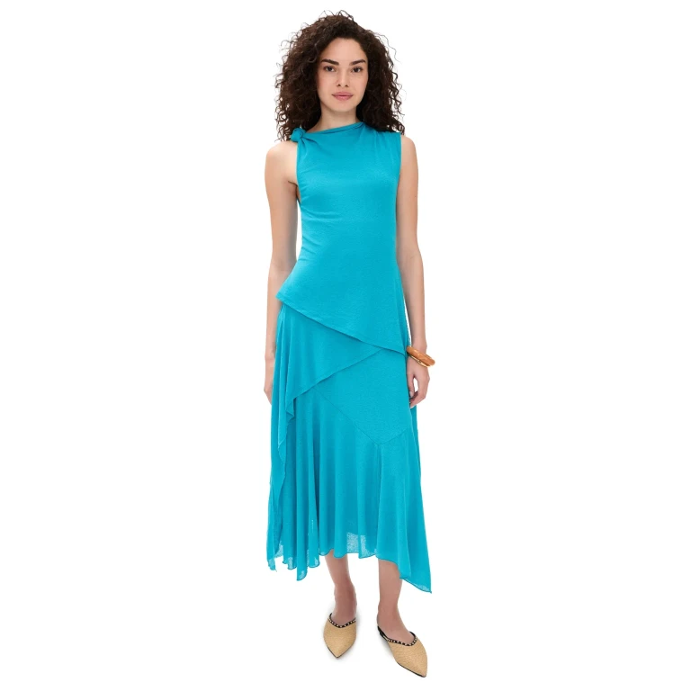 GANNI Marl Mesh Draped Knot Dress River Blue 32
