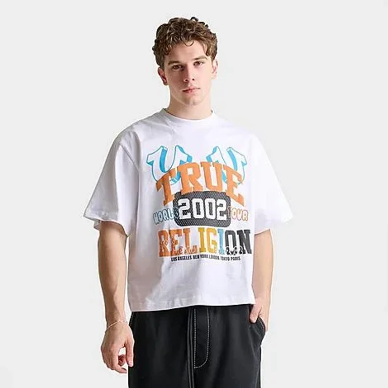 True Religion Men's University Logo Heavyweight Boxy Crop T-Shirt in White Size: Small