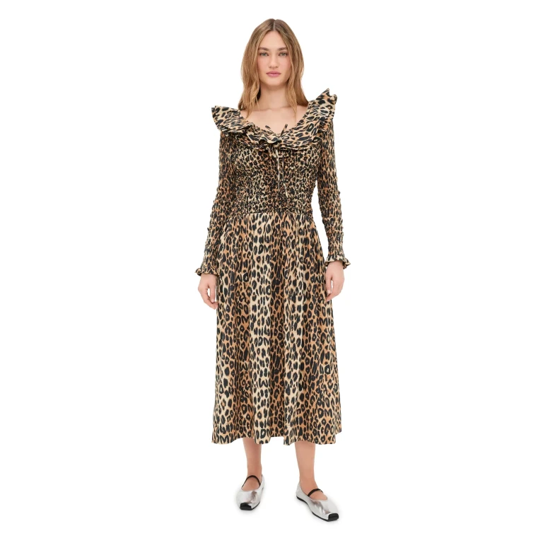 Damson Madder Harper Shirred Midi Dress Leopard 12