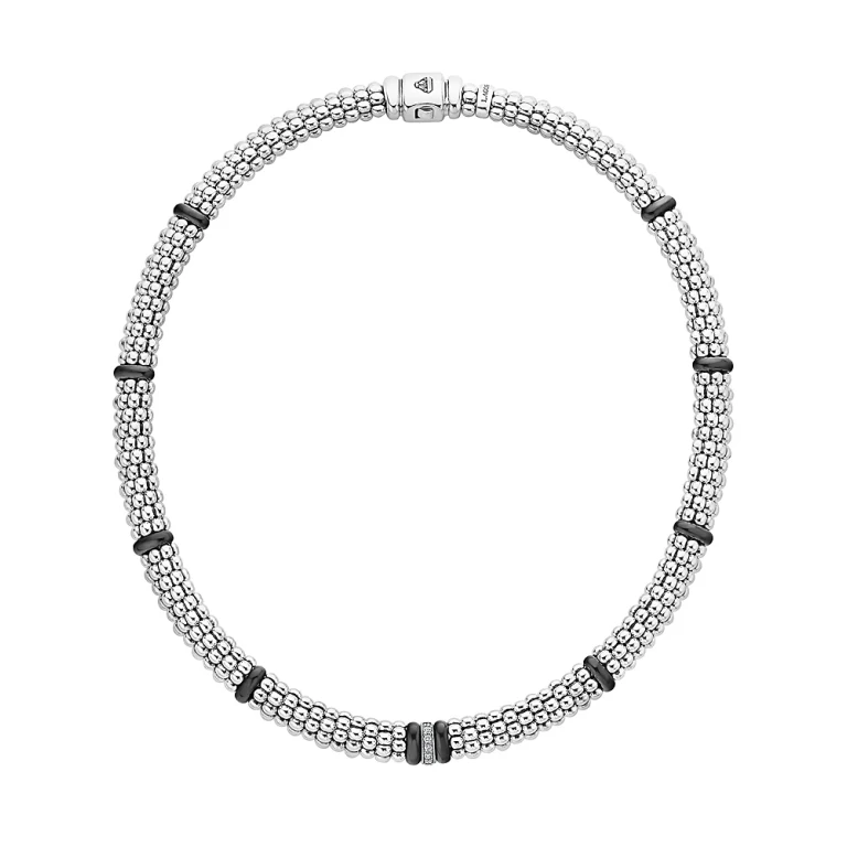 Lagos Sterling Silver Black Caviar Diamond & Ceramic Station Necklace, 16