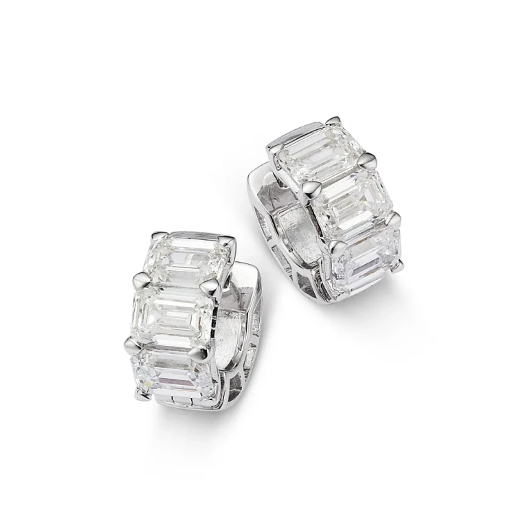 Certified Lab Grown Diamond Emerald Cut Huggie Hoop Earrings in 18K White Gold, 5.0 tcw