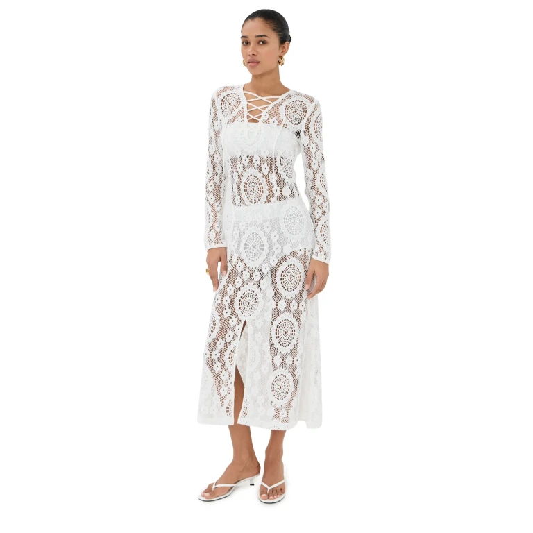 SIMKHAI Hawthorne Long Sleeve Lace Up Midi Dress White L