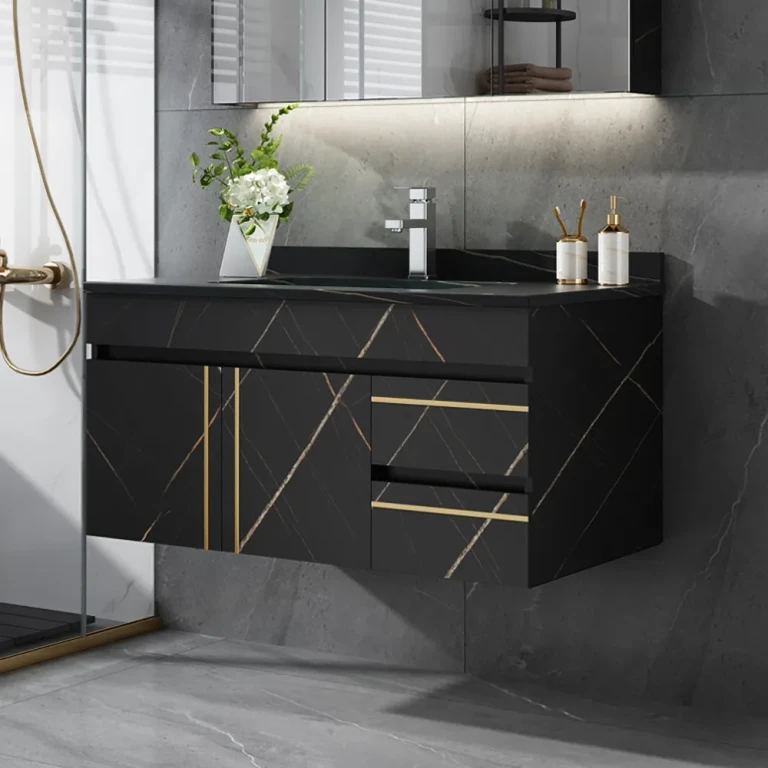 35" Floating Bathroom Vanity Faux Marble with Single Ceramic Sink Black