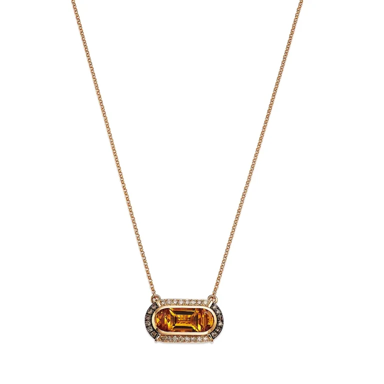 Citrine & Champagne and Brown Diamond Halo Pendant Necklace in 14K Yellow Gold, 19