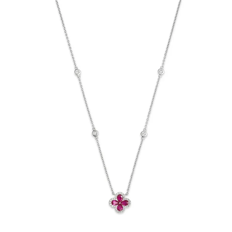 Ruby & Diamond Clover Pendant Necklace in 14K White Gold 0.21 tcw