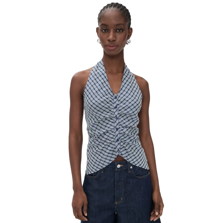 Lioness Power Hour Halter Top Navy Plaid L