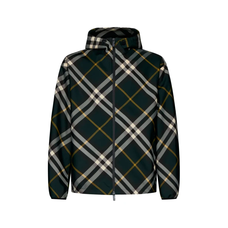 Burberry 标志刺绣格纹拉链连帽夹克