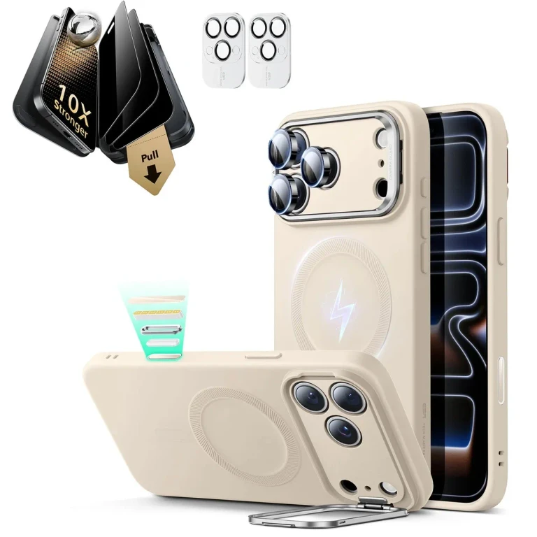 iPhone 17 Pro Max Bundle Cloud Soft Magnetic Case (Stash Stand) and Armorite Pro Privacy Screen Protector - Light Tan - Light Tan