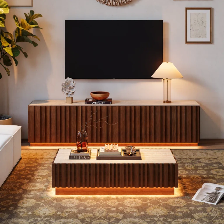 Aura 83" Mid-Century Modern Ash Wood Slatted Walnut TV Stand Coffee Table Set with Travertine Veneer Top
