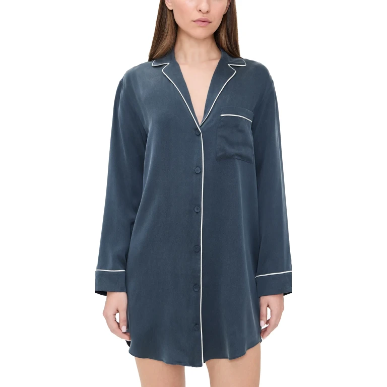 Lunya Long Sleeve Button Down Silk Shirt Dress Deep Blue M