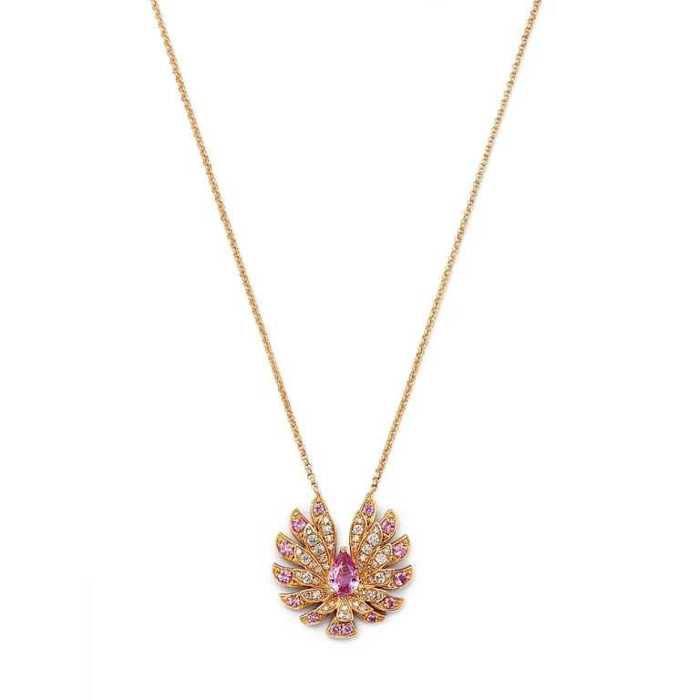 Pink Sapphire & Diamond Flying Bird Pendant Necklace in 14K Yellow Gold, 16-18