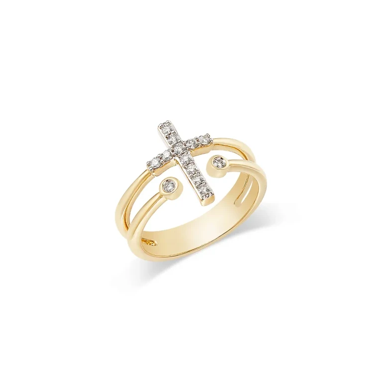 Diamond Cross & Bezel Double Row Ring in 14K Yellow Gold, 0.20 tcw