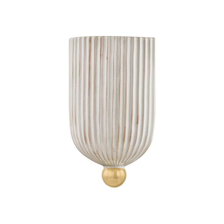 Aged Brass Ceramic Fluted Cream Wall Sconce from the Amira Collection