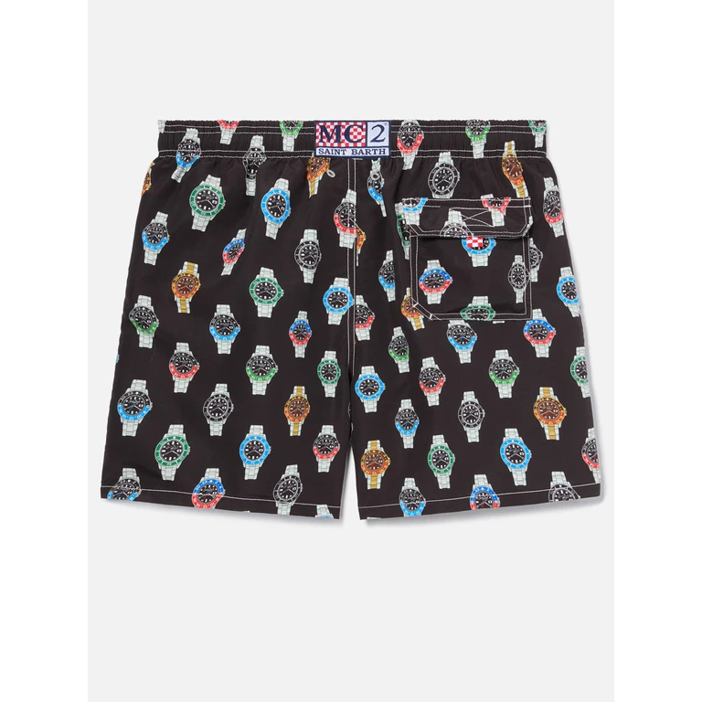 Mc2 Saint Barth Gustavia Swim Shorts Solid Black With Watch Print Swimshort - Men