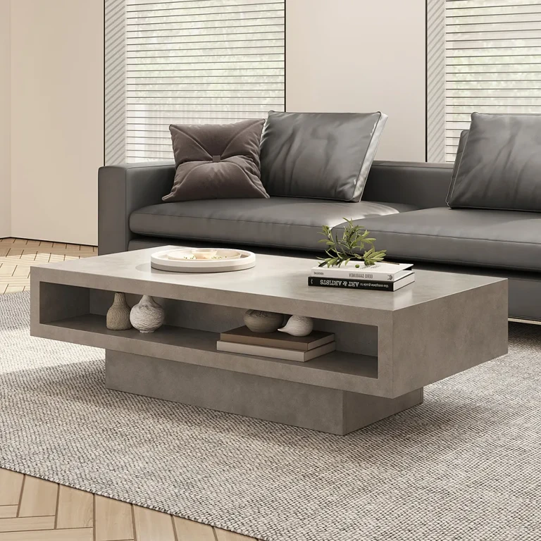 Japandi Rectangle Concrete Gray Coffee Table with 2 Drawers & Open Storage
