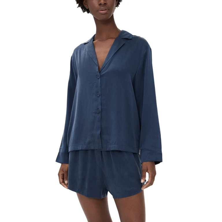 Lunya Long Sleeve Silk Button Up Shorts Set Deep Blue XS