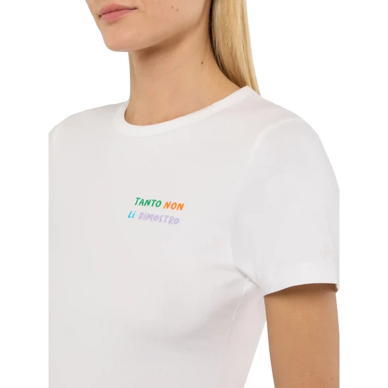 Mc2 Saint Barth Emilie Cotton T-Shirt With Tanto Non Li Dimostro Embroidery White - Women
