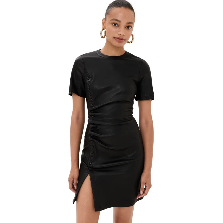 Robe courte froncée Rabanne en cuir d'agneau noir 40