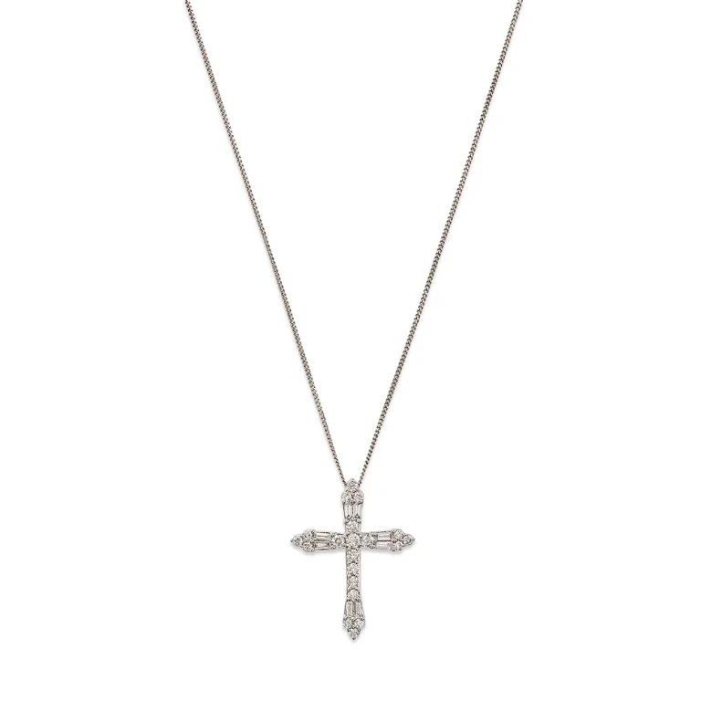 Diamond Round & Baguette Cross Pendant Necklace in 14K White Gold, 0.60 tcw