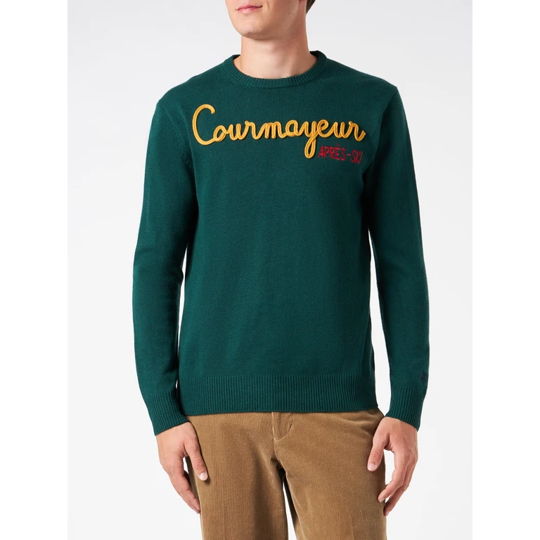 MC2 Saint Barth Man Crewneck Sweater With Courmayeur Après Ski Embroidery