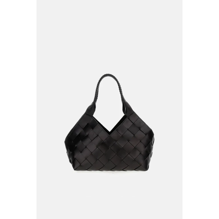 Woven Leather Tote Bag with Drawstring Closure (8111BLACK)