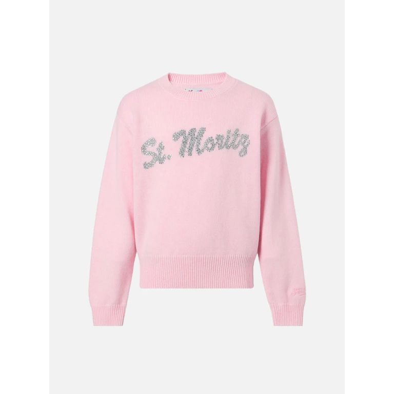 Mc2 Saint Barth Sweater Louise Jr Cashmere Blend With St. Moritz Graphic Rhinestones Top Of The World Pink