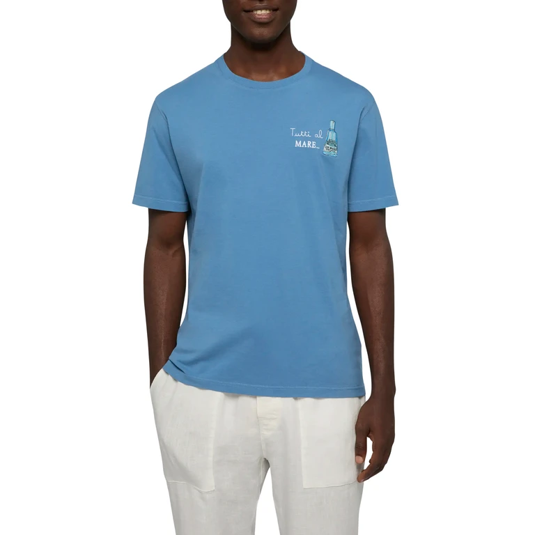 Mc2 Saint Barth Cotton T-Shirt With Tutti Al Mare Print And Embroidery gin Special Edition Blue - Men