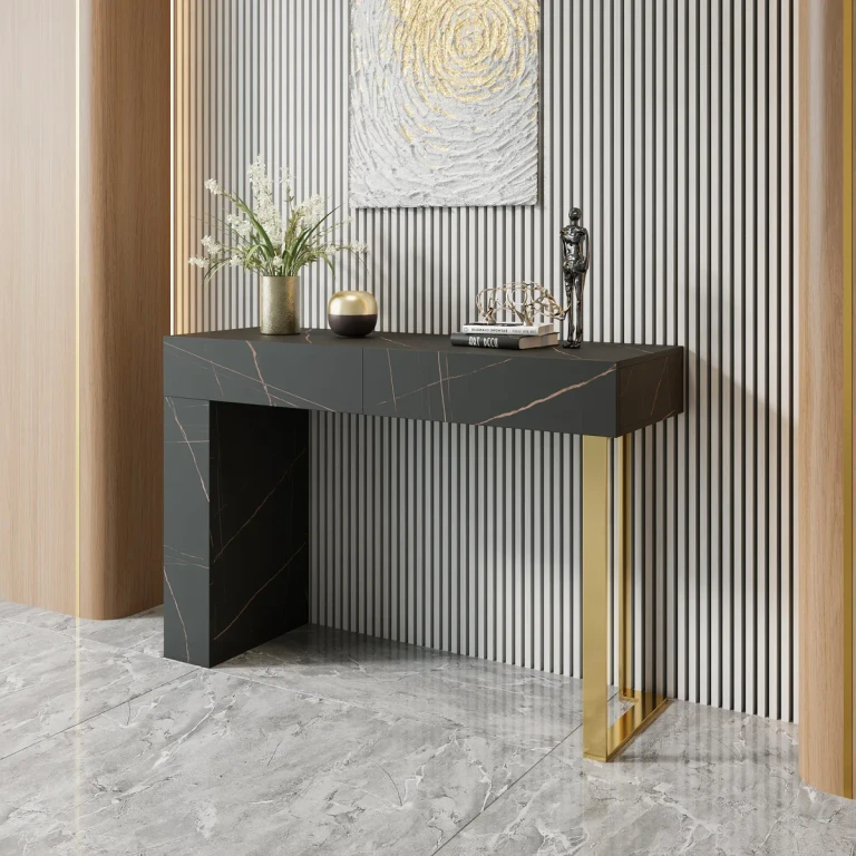 47.2" White Console Table Modern Accent Table For Entryway with 2 Drawers & Stainless Steeel Base in Gold