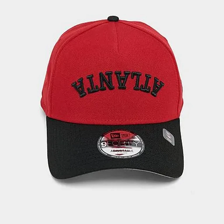 New Era Atlanta Falcons NFL 9FORTY A-Frame Upside Down Wordmark Snapback Hat in Red/Black