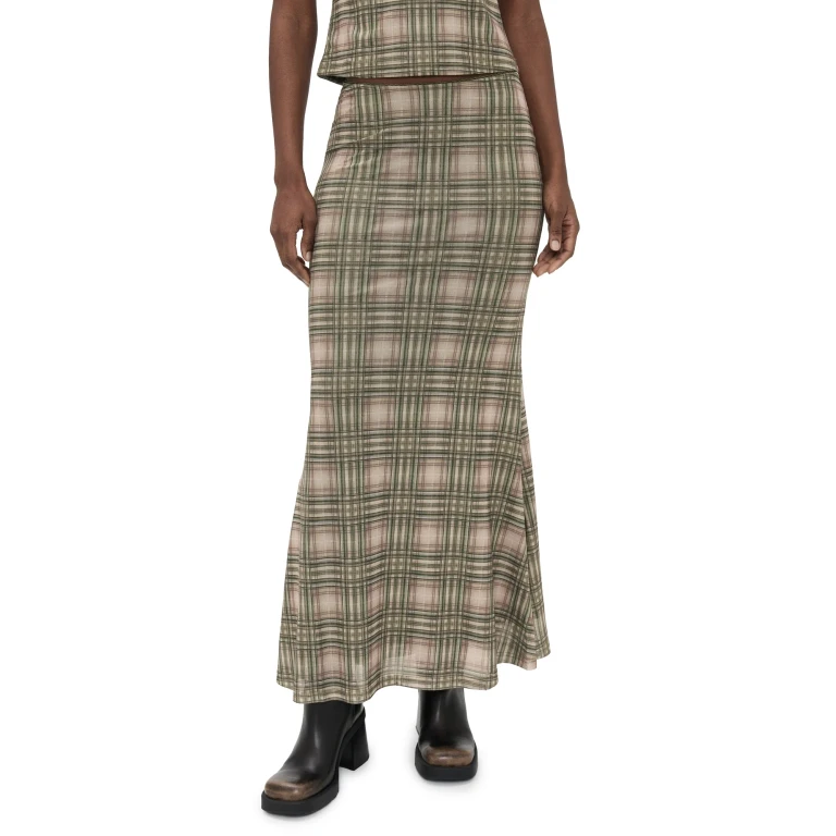 Another Girl Plaid Mesh Maxi Skirt Green XL