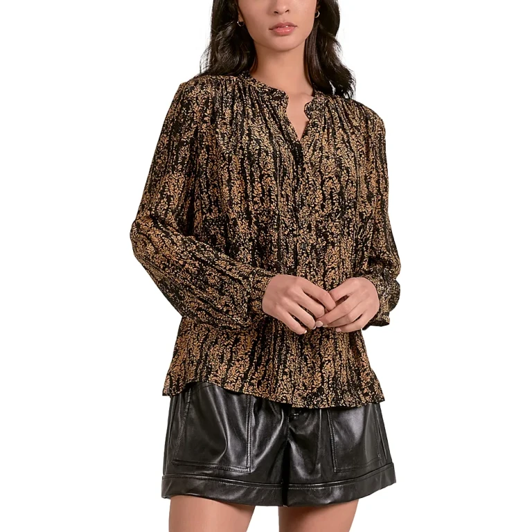 Elan Pleated Mandarin Collar Blouse