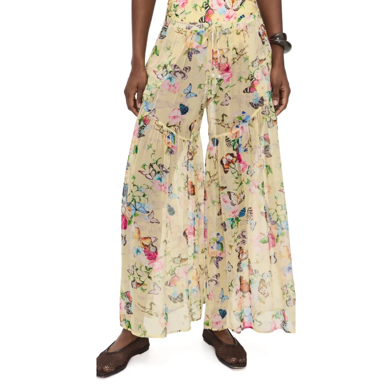 L'AGENCE Garden Butterflies Sharon Sheer Wide Leg Pants Multi L