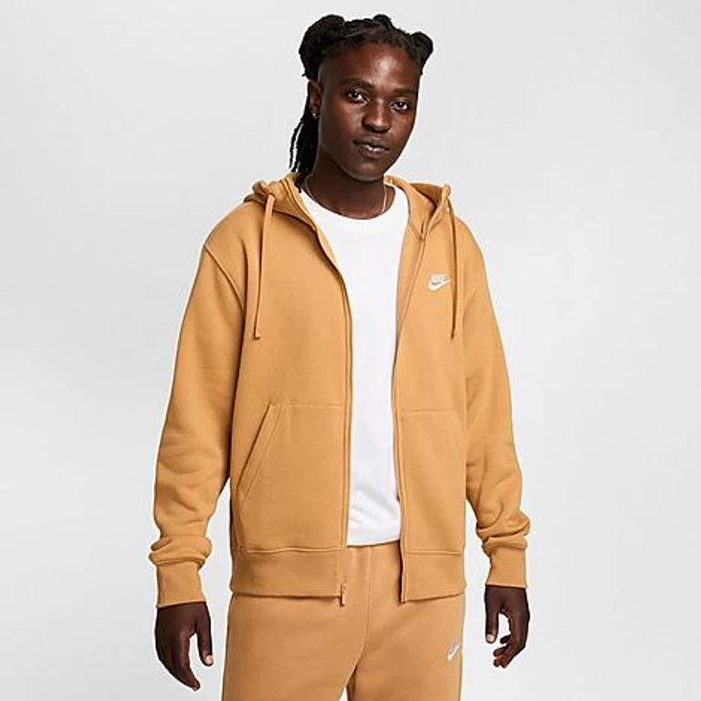 Nike Men's Sportswear Club Fleece Full-Zip Hoodie in Flax/White Size: XS