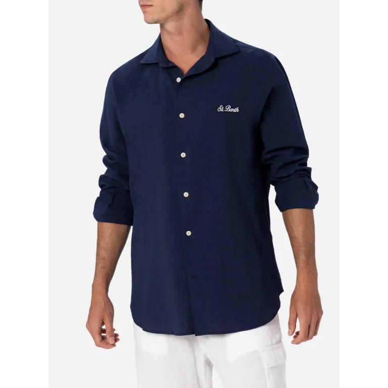 MC2 Saint Barth Pamplona Seersucker Shirt In Blue With Embroidery
