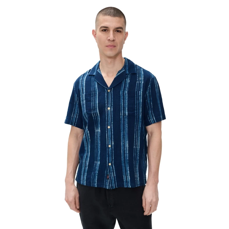 Faherty Short Sleeve Indigo Camp Shirt Northern Blue Indigo Stripe S