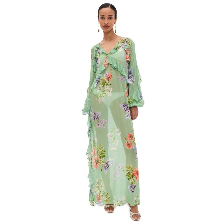 Hemant and Nandita Long Ruffle Caftan Green XL