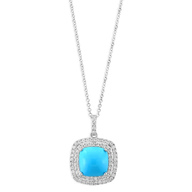 Turquoise & Diamond Halo Pendant Necklace in 14K White Gold, 16-18