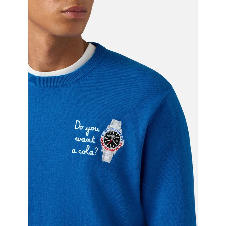 Mc2 Saint Barth Crewneck Sweater Heron Light With Do You Want A Cola? Embroidery Blue - Men