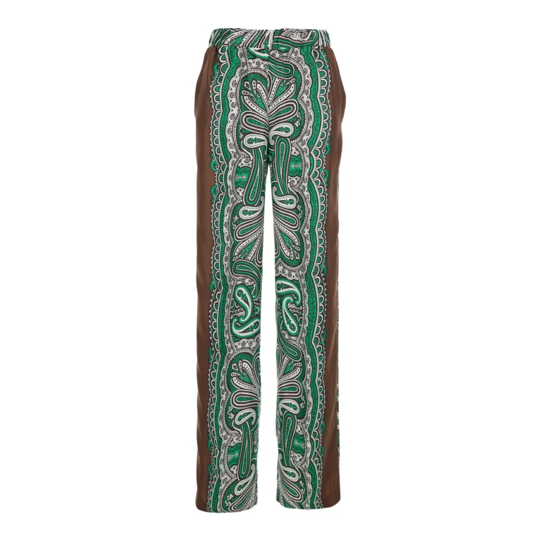 Parosh Green Pants With Contrast Side Stripe And All-over Silk Scarf Print For Women